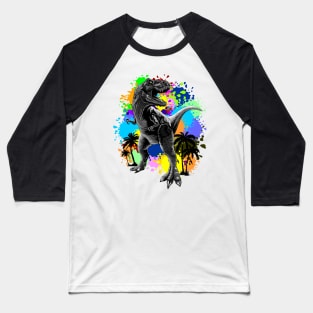 T-Rex Dinosaur Jurassic Reptile on Surreal Rainbow Paint Stains Baseball T-Shirt